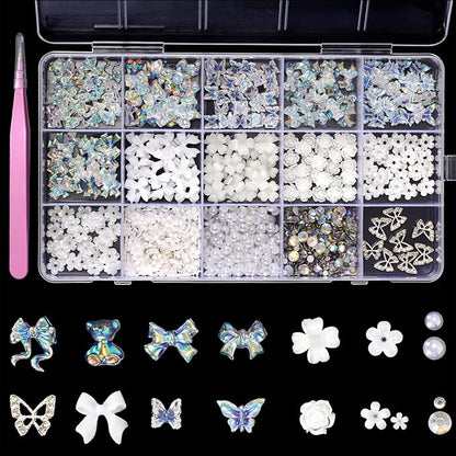 3D Acrylic Polar Butterfly Flowers Nail Charms with Starry AB Crystals Rhinestones Multi Sizes Pearls Mix Gold for Art DIY Decal Jewelry Accessories Crafting, 2 Piece Set