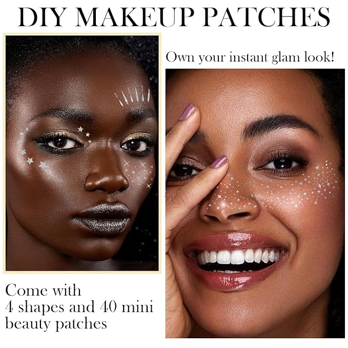 20 Pcs Silver Face Makeup Patches, Glitter Freckles Face Tattoo, Easy Application Sparkle Makeup Freckles, Waterproof Glitter Freckles Patches for Women (Silver)