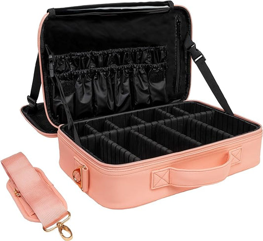 (Not Made In China) 2 Pack, Makeup Train Case, Cosmetic Travel Organizer For Professional Beauty Artist, Portable Storage Bag W/Adjustable Dividers For Jewelry and Brushes (Pink, Large)