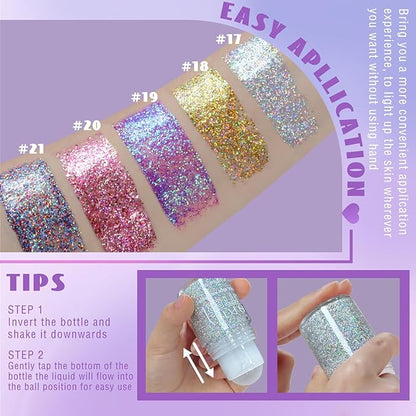 Roll-on Holographic Body Glitter Gel for Face Hair, Chameleon Color Changing Glitter Gel Under Light, Chunky Mermaid Sequins Festival Party Rave Accessories Shimmer Makeup (17# Silver)