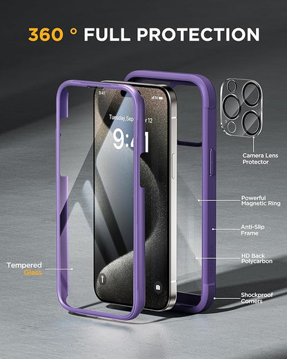 Miracase Glass Series for iPhone 15 Pro Max Case 6.7 Inch, Full-Body Drop Proof Phone Case for iPhone 15 Pro Max with Built-in 9H Tempered Glass Screen Protector + Camera Protector, Purple