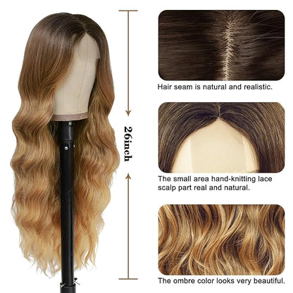 NAYOO Long Honey Blonde Wavy Wig for Women 26 Inch Middle Part Curly Wavy Wig Natural Looking Synthetic Heat Resistant Fiber for Daily Party Use