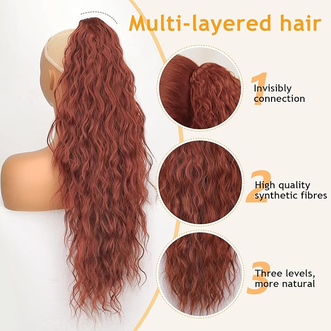 ORSUNCER Ponytail Extension Claw 26" Curly Pony Tail Clip in Claw Hair Extensions Fluffy Natural Looking Synthetic Hairpiece for Women Reddish Orange