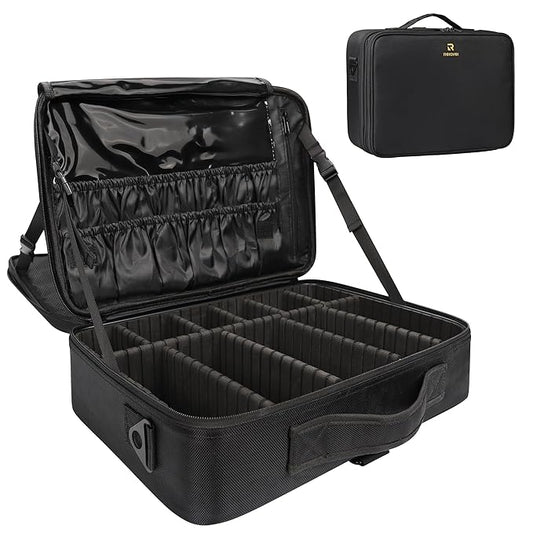 MONSTINA 16.5'' Large Capacity Makeup Case 3 Layers Cosmetic Organizer Brush Bag Barber Train Case Makeup Artist Box for Hair Curler Hair Straightener Brush Set and Cosmetics
