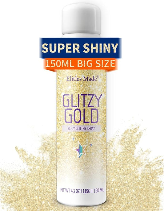 Body Glitte Spray, 150ML Gold Glitter Spray for Hair and Body, Long-Lasting and Quick-Drying Glitter Hairspray for Kids Women, Body Shimmer Festival Rave and Makeup 4.2 Fl Oz