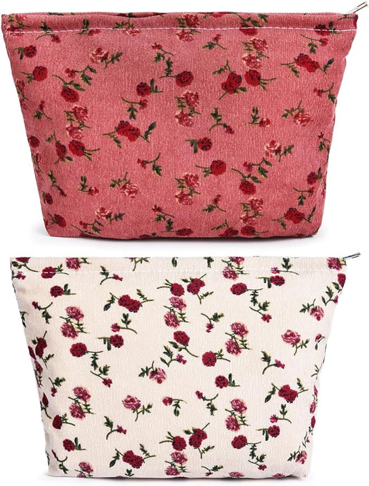 2 Pieces Rose Makeup Bag Large Corduroy Cosmetic Bag Capacity Canvas Travel Toiletry Bag Organizer Cute Makeup Brushes Aesthetic Accessories Storage Bag for Women, Rose L White Pink