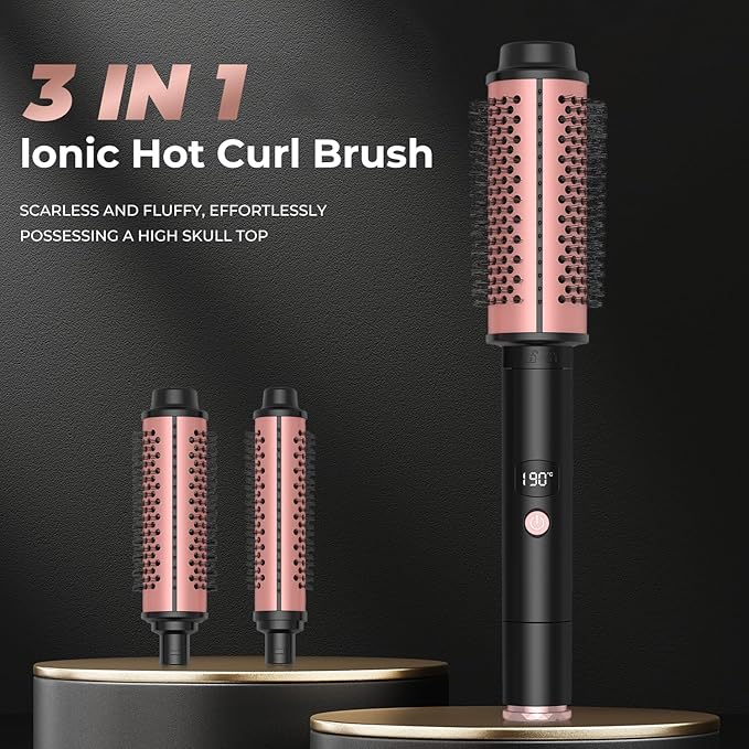 3 in 1 Thermal Round Brush Thermal Curling Brush, Negative Ion Curling, Straightening Volumizing Hair Tool Digital Temperature Display Interchangeable Heads for All Hair Types