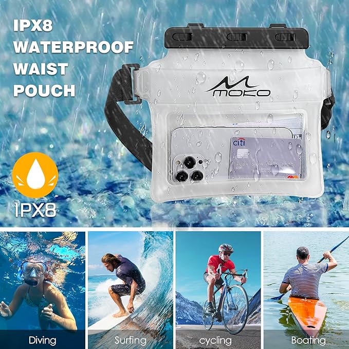 MoKo Waterproof Phone Pouch Fanny Pack, Floating Dry Bag for Swimming Kayaking Snorkeling, Compatible with iPhone 14 13 12 11 Pro Max X/Xr/Xs Max, Galaxy S21 Ultra/S9/Note 10 Plus, Matte White