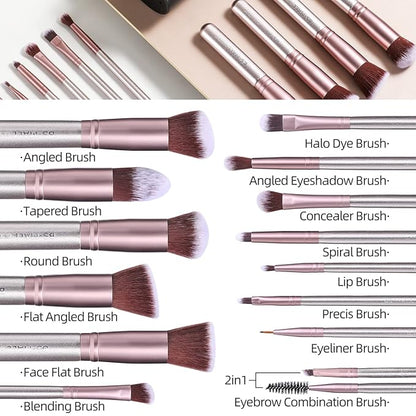 BS-MALL Makeup Brushes Premium Synthetic Foundation Powder Concealers Eye Shadows Makeup 14 Pcs Brush Set，Silver Purple with case