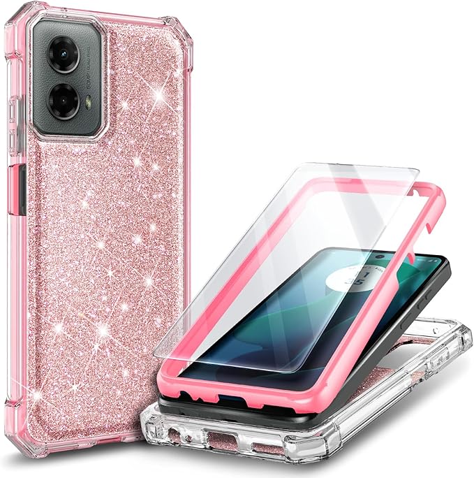 Designed for Motorola Moto G-Power-5G-2024 Case with Tempered Glass Screen Protector, 12FT Military Grade Drop Tested, Full-Body Protective Shockproof Bumper Cover, Glitter Rose Gold