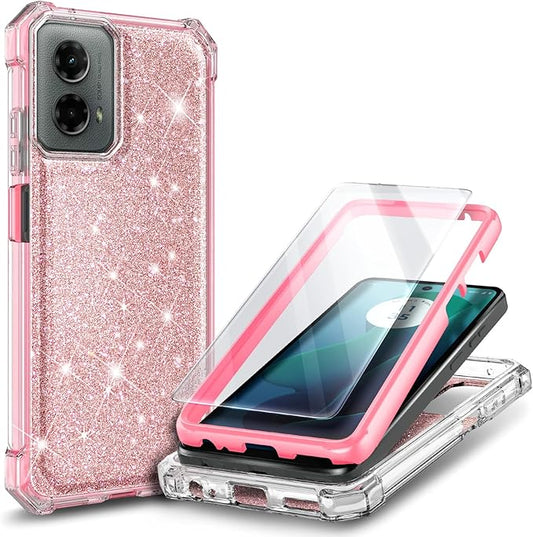Designed for Motorola Moto G-Power-5G-2024 Case with Tempered Glass Screen Protector, 12FT Military Grade Drop Tested, Full-Body Protective Shockproof Bumper Cover, Glitter Rose Gold