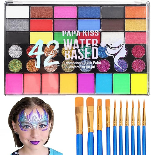 42 Color Face Painting Kit for Kids, Water Activated Face Paint Kit, Safe for Sensitive Skin Easy to Use, With Stencils & Brushes, Facepaint Makeup Kit for Parties, Birthdays, Halloween