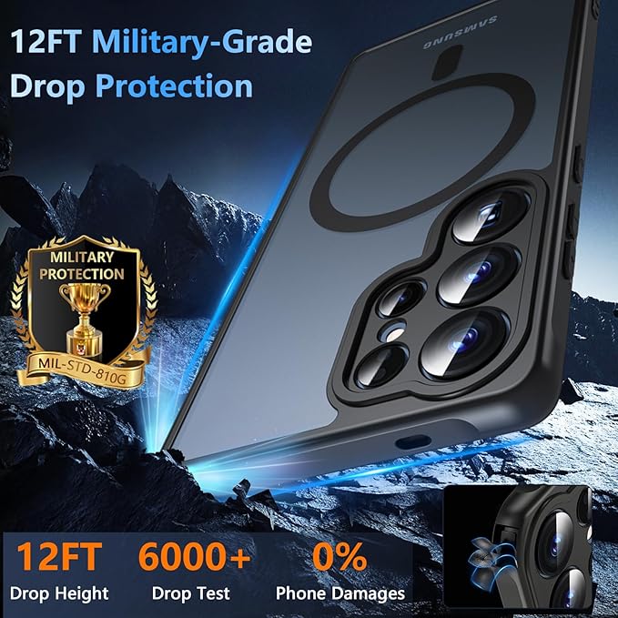 OWKEY Samsung Galaxy S25 Ultra Case 6.86'', Magnetic S25 Ultra Case for Magsafe with Tempered Glass Screen, [Shockproof Military] Translucent Back Slim Bumper Cover Phone Case Galaxy S25 Ultra, Black