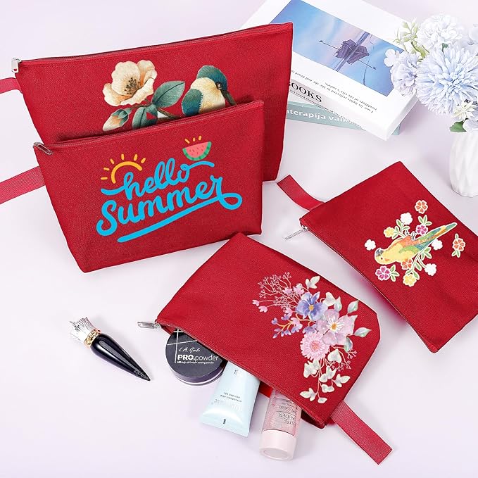 10 Pieces Cotton Canvas Makeup Bag with Bottom and Strap, Multi-Purpose Cosmetic Bag with Zipper Travel Toiletry Pouch, Blank DIY Craft Bag (Red, M)