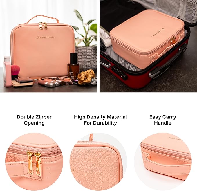 (Not Made In China) 2 Pack, Makeup Train Case, Cosmetic Travel Organizer For Professional Beauty Artist, Portable Storage Bag W/Adjustable Dividers For Jewelry and Brushes (Pink, Small)