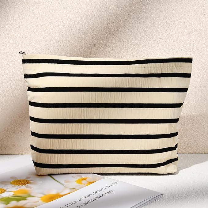 2 Pieces Makeup Bag Large Stripe Cosmetic Bag Capacity Canvas Mix Travel Toiletry Bag Organizer Cute Makeup Brushes Aesthetic Accessories Storage Bag for Women, Stripe Mix White