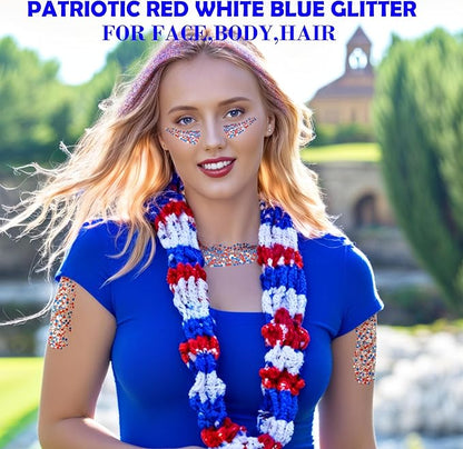 4 Jars Red Blue White USA Independent Day Flag Patriotic Face Glitter,4th of July Accessories Sparkle Body Glitter Face Paint,Fourth of July Festival Outfits for Women,40g/1.41 oz