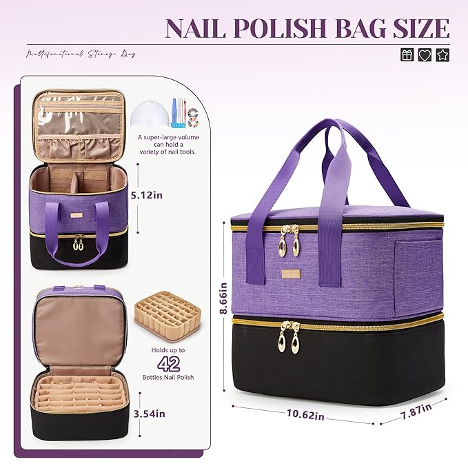 Nail Polish Organizer, Double Layer Nail Organizer and Storage Box Holds 42 Bottles & Nail Tech Kit Supplies, Large Capacity Nail Polish Organizer Case Carrying Bag