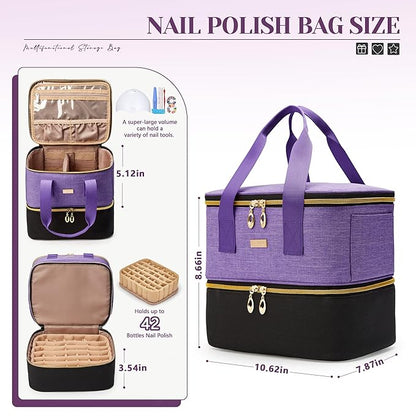 Nail Polish Organizer, Double Layer Nail Organizer and Storage Box Holds 42 Bottles & Nail Tech Kit Supplies, Large Capacity Nail Polish Organizer Case Carrying Bag