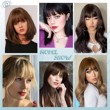 NAYOO Bangs Hair Clip - Dark Brown Fake Bangs 100% Real Human Hair Extensions French Bangs for Women Fringe with Temples Hairpieces Curved Bangs for Daily Wear（Dark Brown， Fake Bangs）