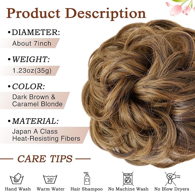 MORICA 1PCS Messy Hair Bun Hair Scrunchies Extension Curly Wavy Messy Bun Hair Synthetic Chignon Hairpieces for Women(6H27(Dark Brown & Caramel Blonde))