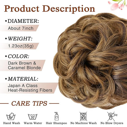MORICA 1PCS Messy Hair Bun Hair Scrunchies Extension Curly Wavy Messy Bun Hair Synthetic Chignon Hairpieces for Women(6H27(Dark Brown & Caramel Blonde))