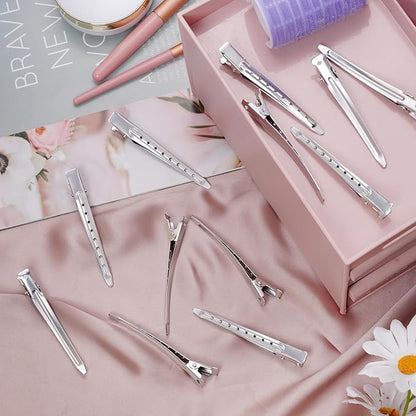 24 Packs Duck Bill Clips, Bantoye 3.35 Inches Rustproof Metal Alligator Curl Clips with Holes for Hair Styling, Hair Coloring, Matte Silver