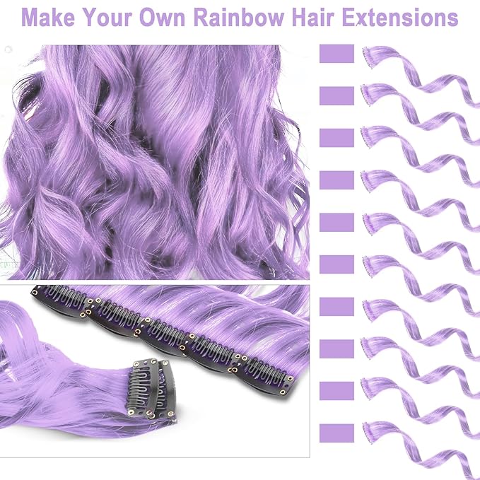 10 PCS Light Purple Hair Extensions Clip-In, Curly Wavy Synthetic Hairpieces Clip in Rainbow Neon Party Highlights, Colorful Hair Accessories for Kids Girls Women 17 inch (Light Purple)