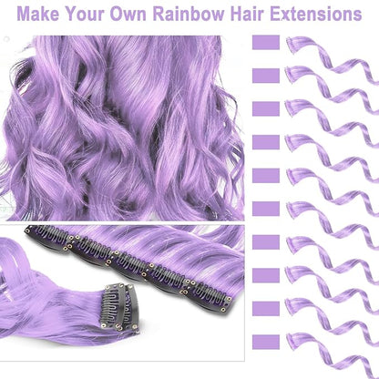10 PCS Light Purple Hair Extensions Clip-In, Curly Wavy Synthetic Hairpieces Clip in Rainbow Neon Party Highlights, Colorful Hair Accessories for Kids Girls Women 17 inch (Light Purple)