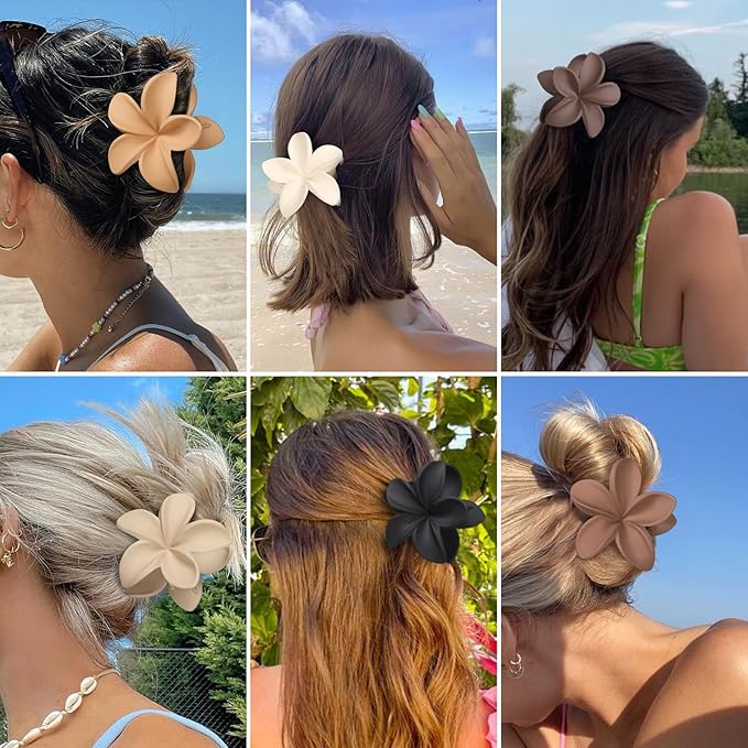 Hawaiian Plumeria Flower Claw Hair Clips - 6 Pcs Large for Thick Hair and Thin for Beach, Hair Accessories for Women and Girls - Khaki