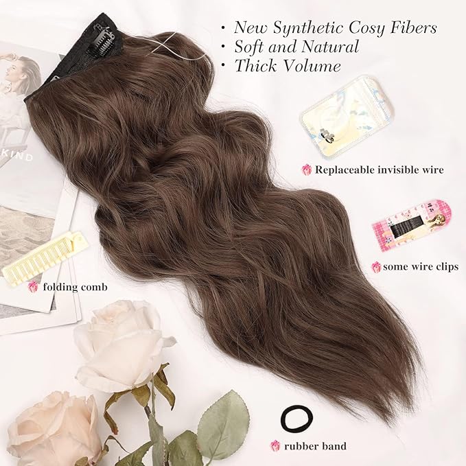 MORICA Halo Hair Extensions 20 Inch Medium Brown Invisible Wire Hair Extensions,Long Wavy Synthetic Hairpiece with Transparent Wire Adjustable Size, 4 Secure Clips for Women