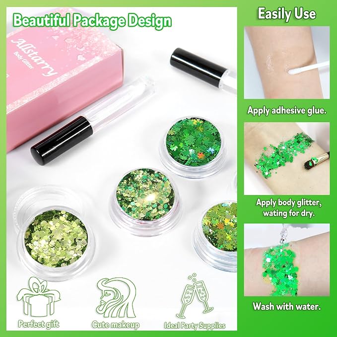 Allstarry Green Body Glitter, 4 Colors Cosmetic Green Face Glitter, Shamrock Face Eyeshadow Makeup Hair and Eye Glitter St Patricks Day Accessories Green Makeup Shamrock Decorations