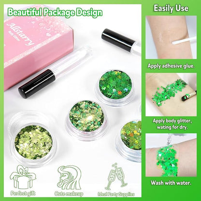 Allstarry Green Body Glitter, 4 Colors Cosmetic Green Face Glitter, Shamrock Face Eyeshadow Makeup Hair and Eye Glitter St Patricks Day Accessories Green Makeup Shamrock Decorations