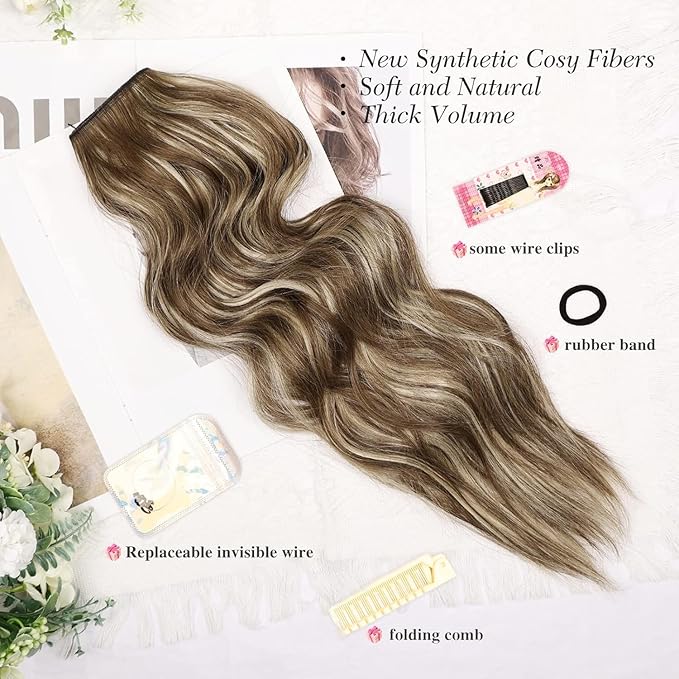 MORICA Halo Hair Extensions 20 Inch Light Brown Mix Ash Blonde Invisible Wire Hair Extensions,Long Wavy Synthetic Hairpiece with Transparent Wire Adjustable Size, 4 Secure Clips for Women