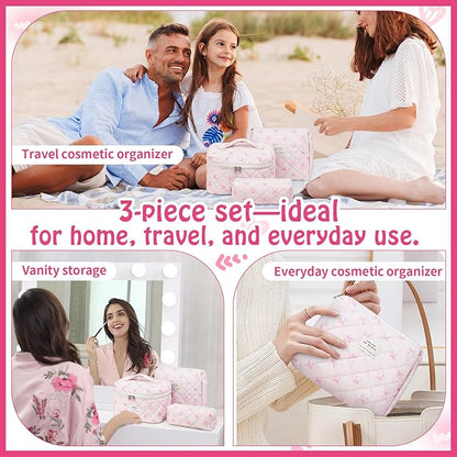3 Piece Cute Pink Bow Quilted Makeup Bag Set, Large Capacity Travel Makeup Bags for Women and Girls, Includes Small, Medium, and Extra Large aesthetic makeup&Cosmetic Bags (3PCS-Pink SlimBow)
