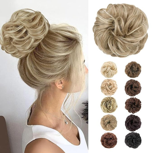 MORICA 1PCS Messy Hair Bun Hair Scrunchies Extension Curly Wavy Messy Bun Hair Synthetic Chignon Hairpieces for Women(16H613(Light Ash Brown & Bleach Blonde))