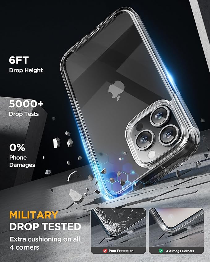 Miracase Glass Series for iPhone 15 Pro Max Case 6.7 Inch, Full-Body Drop Proof Phone Case for iPhone 15 Pro Max with Built-in 9H Tempered Glass Screen Protector + Camera Protector, Clear Black