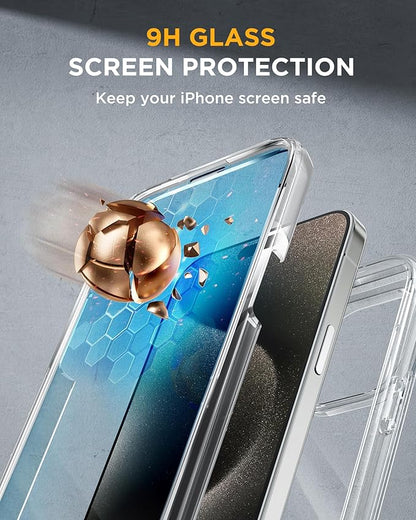 Miracase Glass Series for iPhone 15 Pro Max Case 6.7 Inch, Full-Body Drop Proof Phone Case for iPhone 15 Pro Max with Built-in 9H Tempered Glass Screen Protector + Camera Protector, Clear