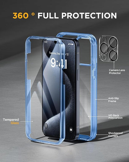 Miracase Glass Series for iPhone 15 Pro Max Case 6.7 Inch, Full-Body Drop Proof Phone Case for iPhone 15 Pro Max with Built-in 9H Tempered Glass Screen Protector + Camera Protector, Clear Blue