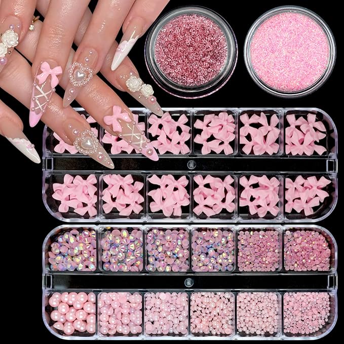Nail Art Rhinestones Pink Bows Nail Charms Resin Clear Jelly Rhinestones Pearls Glitter Supplies Crystal Gems Mimi Diamond Accessories for Women Manicure Decorations Design