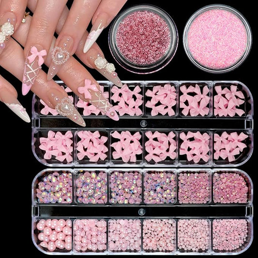 Nail Art Rhinestones Pink Bows Nail Charms Resin Clear Jelly Rhinestones Pearls Glitter Supplies Crystal Gems Mimi Diamond Accessories for Women Manicure Decorations Design