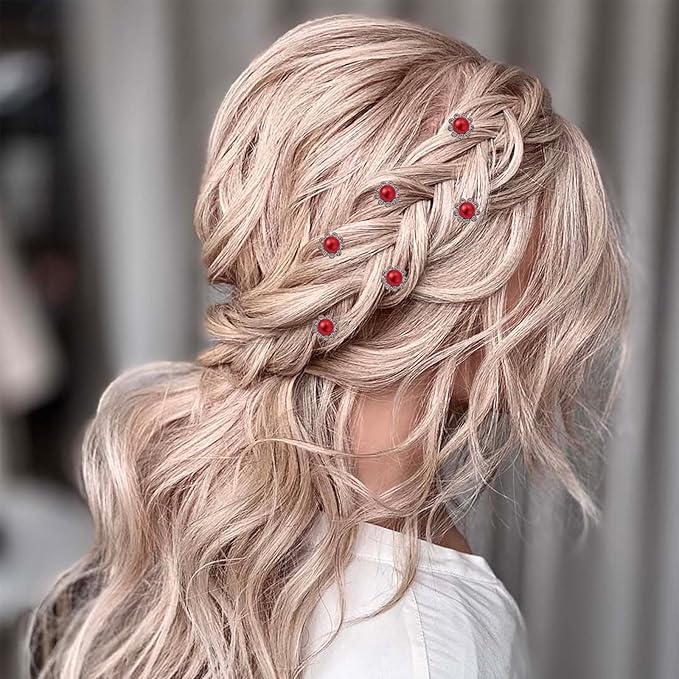 20 Pack (Red) Pearl Crystal Hair Pins Flower Rhinestone Hair Clips for Bridal Wedding Women Hair Jewelry Accessories, with Clear Container