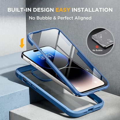 Miracase Glass Series for iPhone 14 Pro Case 6.1 Inch, Full-Body Clear Bumper Case with Built-in 9H Tempered Glass Screen Protector, with Camera Lens Protector, Capri Blue