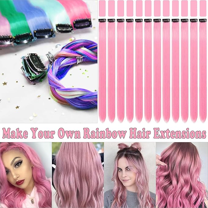 12 PCS Pink Hair Extensions Clip in, 20 Inch Colored Hair Extensions Party Highlights Long Straight Synthetic Hairpieces for Women Kids Girls Cosplay