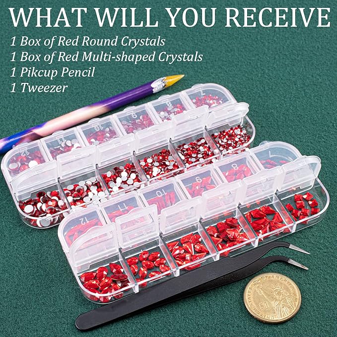 Multi Shapes Red 3D Glass Crystal Nail Art Rhinestones Kit with Flatback Round Bead Charm Gem Stone Jewelry Diamond with Pickup Pen + Tweezer for Manicure Makeup DIY Craft Decoration