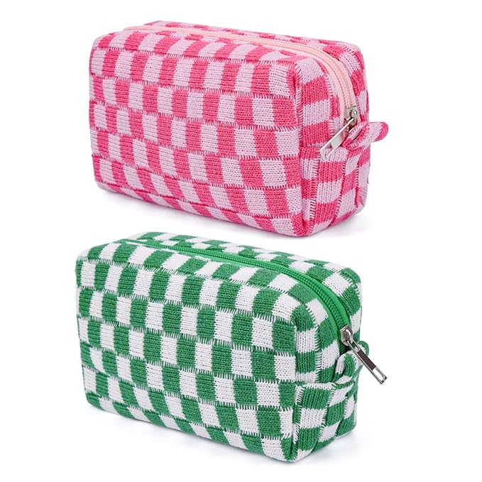 2 Pieces Makeup Bag Pouch Checkered Cosmetic Bag Pink Green, Travel Toiletry Bag Organizer Cute Makeup Brushes Storage Bag for Women
