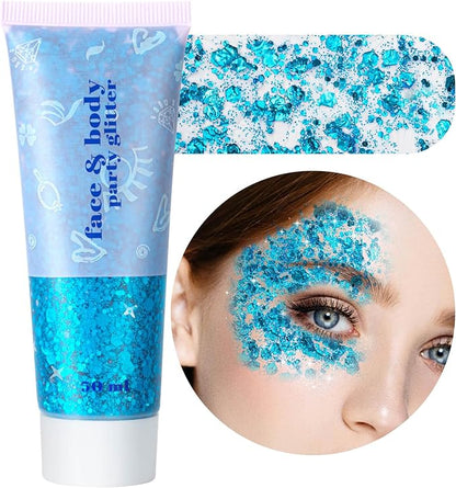 MEICOLY Sky Blue Body Glitter, Teal Face Gel, Mermaid Turquoise Sparkling Glitter Makeup for Women Kids, 50 ml
