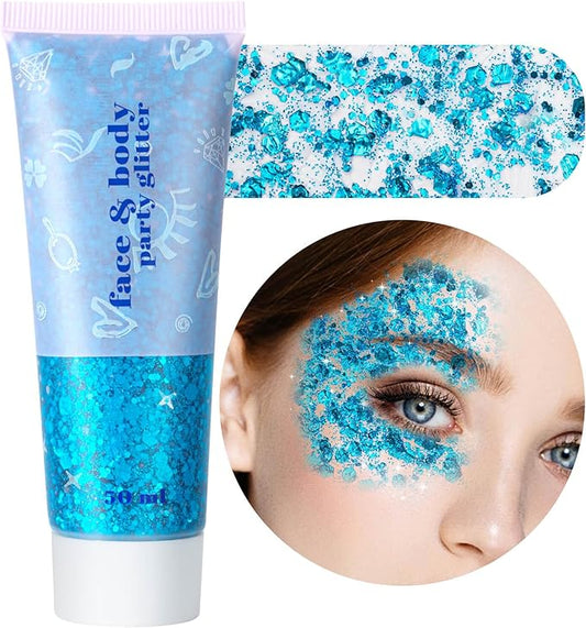 MEICOLY Sky Blue Body Glitter, Teal Face Gel, Mermaid Turquoise Sparkling Glitter Makeup for Women Kids, 50 ml