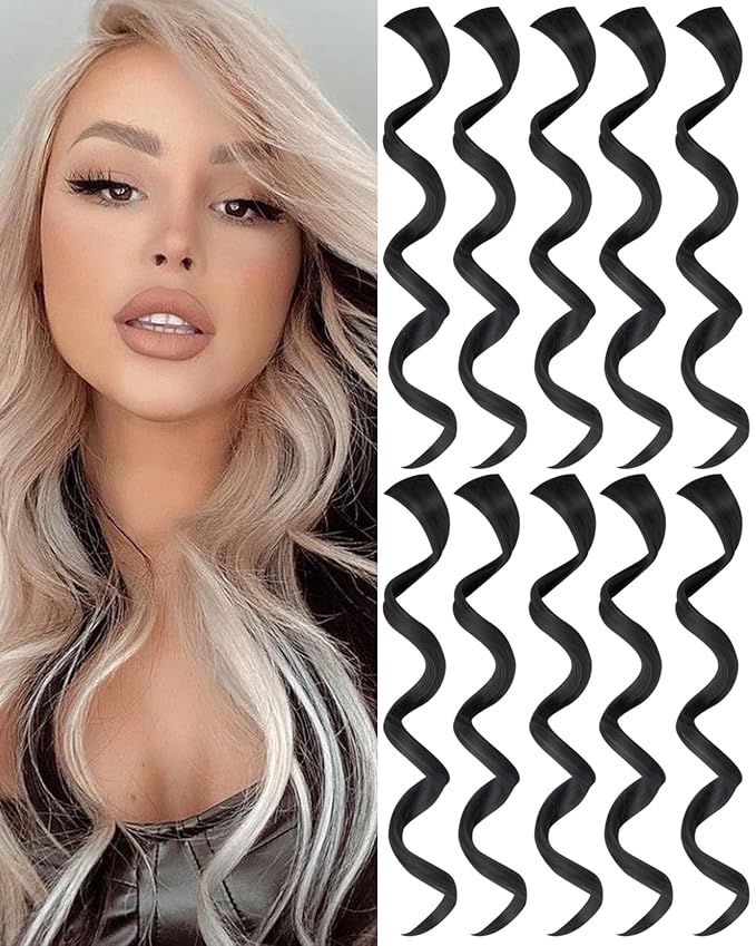 10 PCS Black Curly Wavy Clip-in Synthetic Hair Extensions, Rainbow Neon Party Highlights, Colorful Hair Accessories for Kids, Girls, Women, 17 Inch