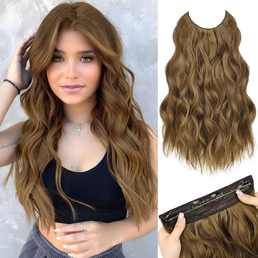 MORICA Invisible Wire Hair Extensions - 20 Inch Chestnut Brown Long Wavy Synthetic Hairpiece with Transparent Wire Adjustable Size, 4 Secure Clips for Women